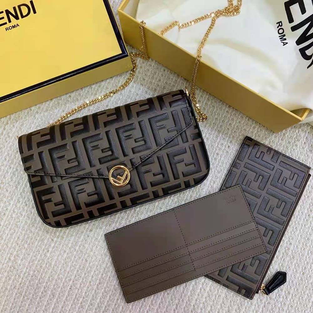 TÚI Fendi Women Wallet on Chain with Pouches Brown Leather Mini-Bag