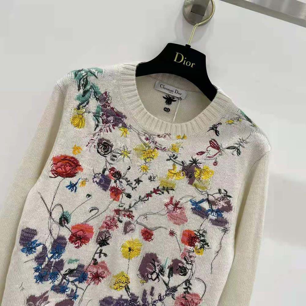 ÁO Dior Women Embroidered Sweater White Cashmere Knit with Red Multicolor Florilegio Motif
