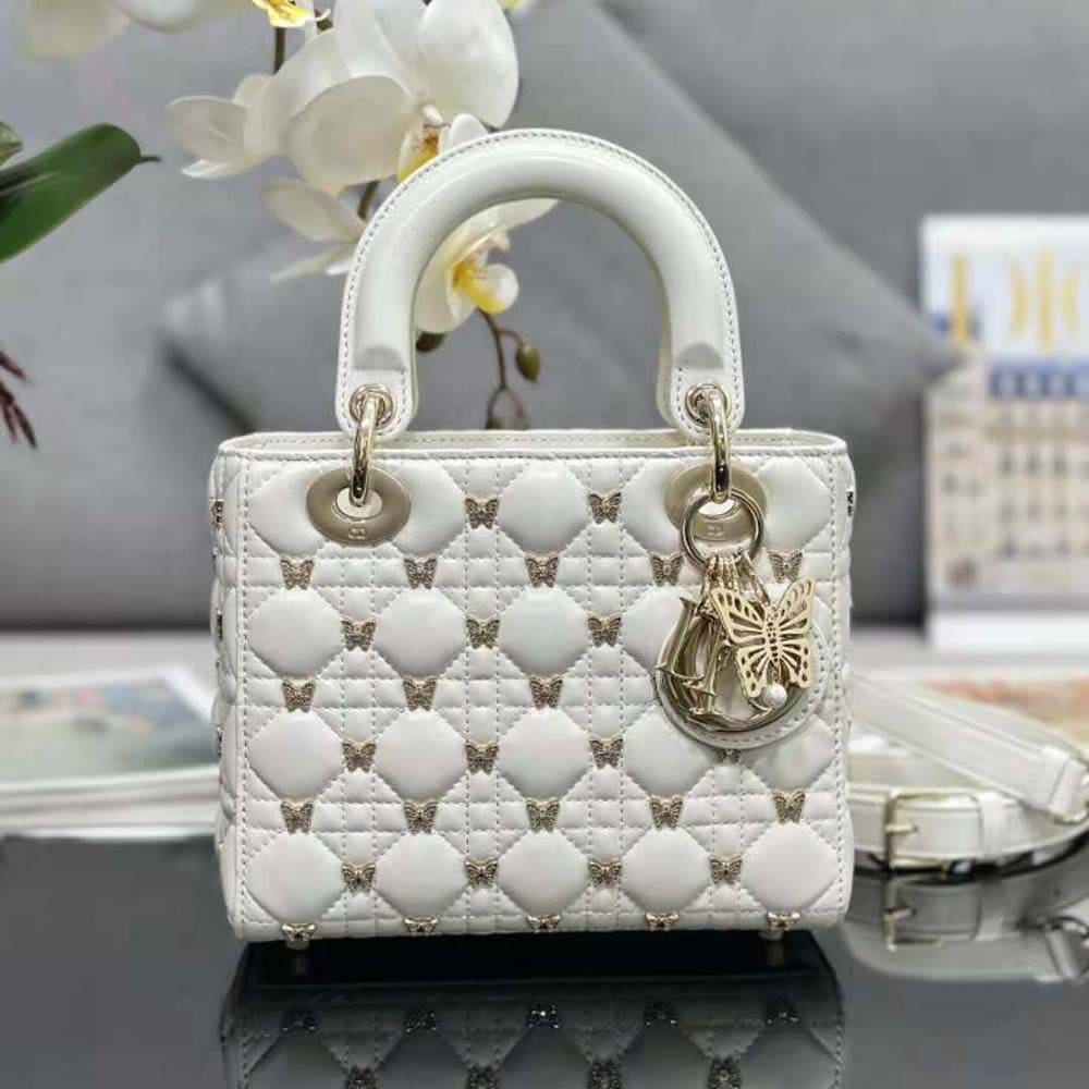 TÚI Dior Women Small Lady Dior Bag White Cannage Lambskin with Gold-Finish Butterfly Studs