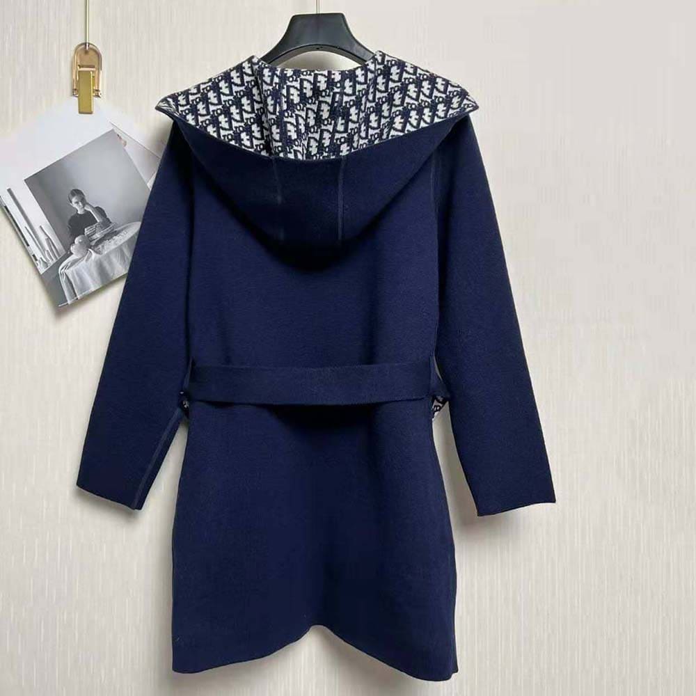 ÁO Dior Women Cropped Coat with Hood and Belt Navy Blue Double-Sided Wool