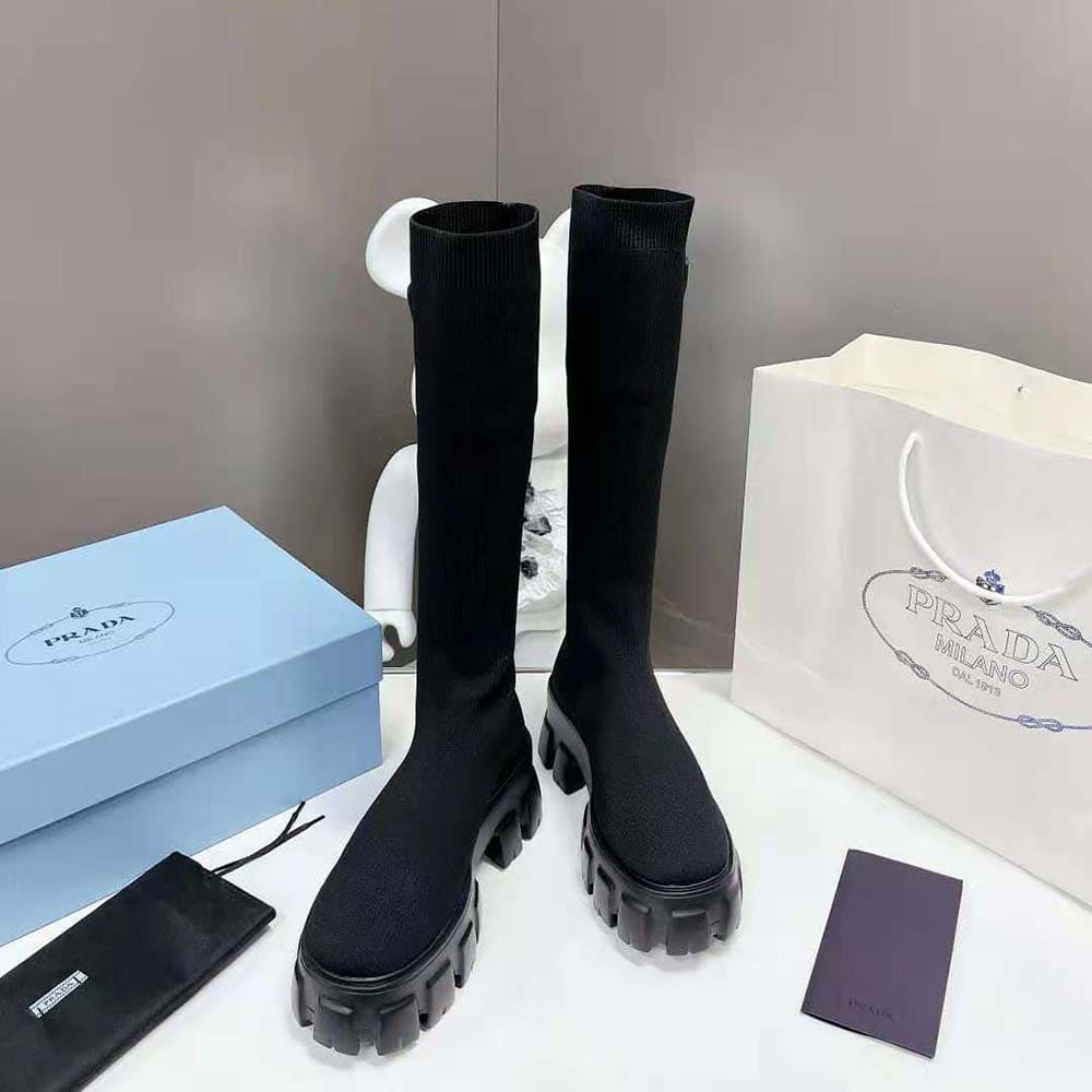 GIÀY Prada Women Monolith Knit Boots with Embossed Rubber Triangle Logo