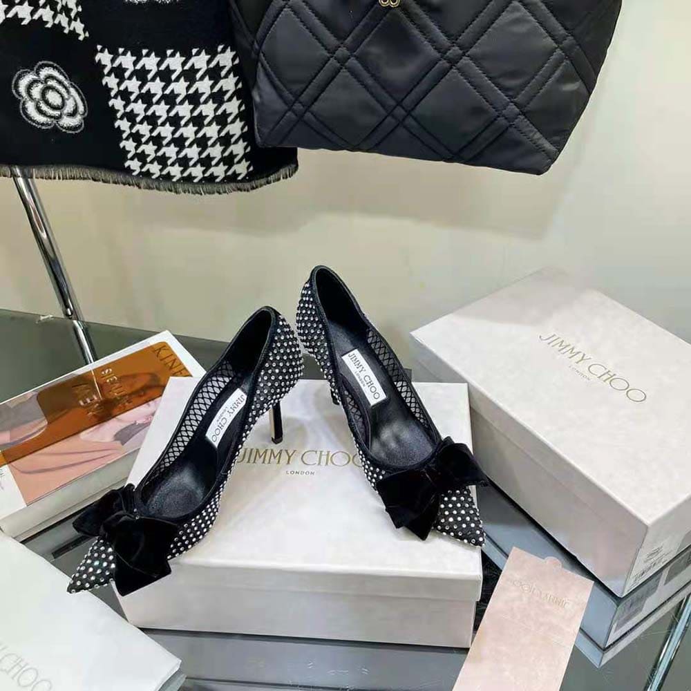 GIÀY Jimmy Choo Women Love 100 Black Crystal Mesh Pumps with Bow