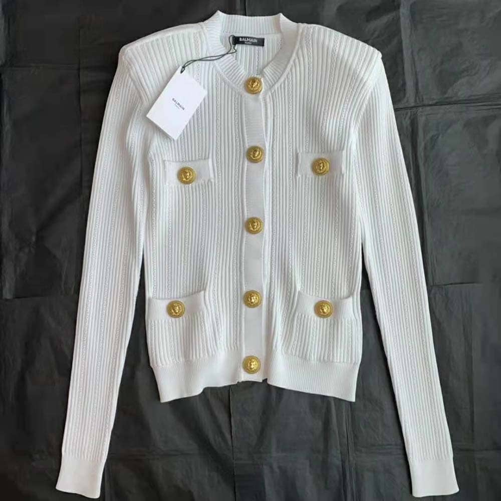 ÁO Balmain Women Knit Cardigan with Gold Buttons-White