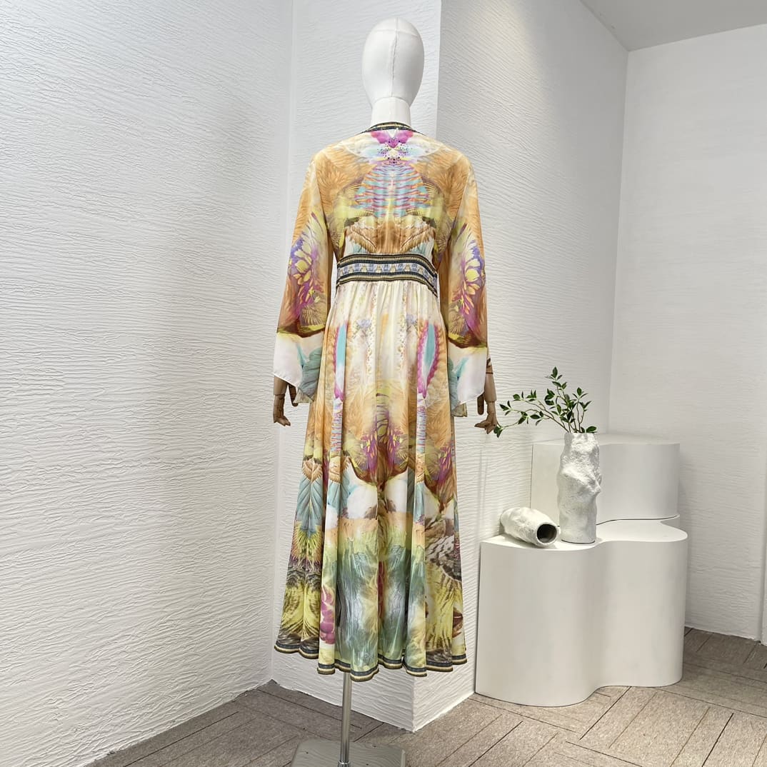 VÁY CAMILLA Golden Floral Print Diamonds Pressed Midi Dress High Classy