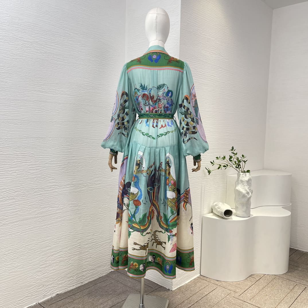 VÁY ZIMMERMANN Green Ramie Animal Printed Long Sleeve Loose Dress High Classy