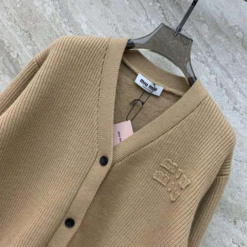 ÁO Miu Miu Women Wool and Nylon Knit Cardigan-Beige