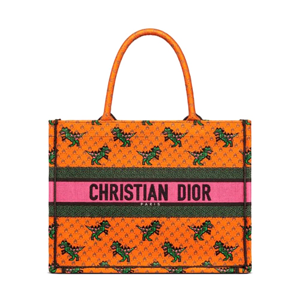 TÚI Dior Women Small Dior Book Tote Orange Multicolor Dragon and Fire Embroidery