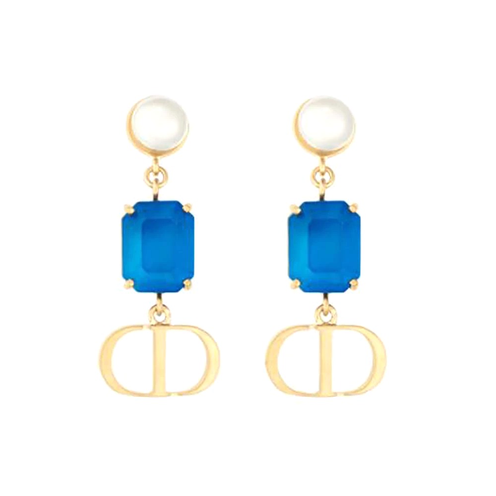 BÔNG TAI Dior Women Petit CD Earrings Gold-Finish Metal with White Resin Pearls and Fluorescent Blue Crystals