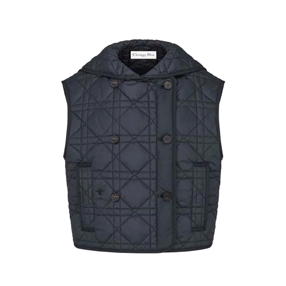 ÁO Dior Women Sleeveless Cropped Macrocannage Vest Navy Blue Quilted Technical Taffeta