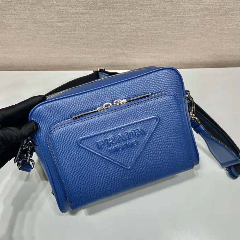 TÚI Prada Men Saffiano Leather Shoulder Bag With Iconic Prada Material-Navy