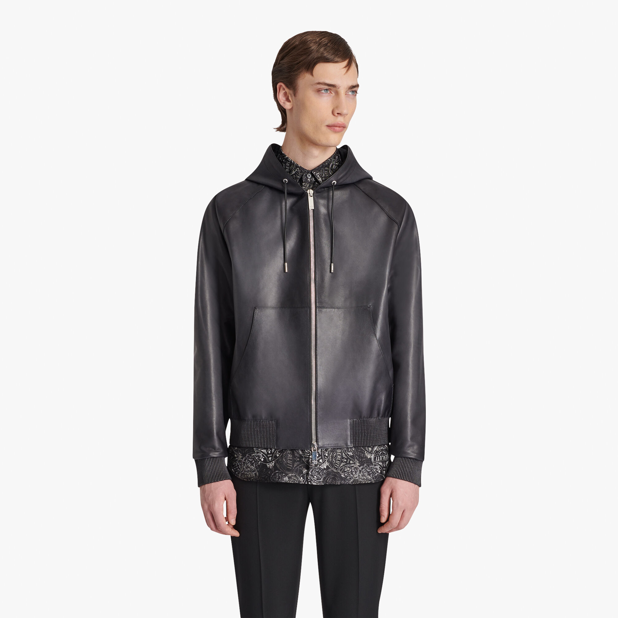 ÁO BERLUTI NERO GRIGIO leather jacket SS2021