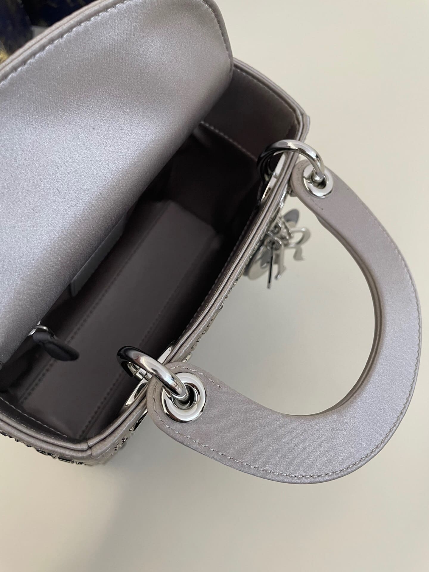 TÚI CHRISTIAN DIOR Mini Lady Dior Bag in Grey Cannage Satin with Rhinestones