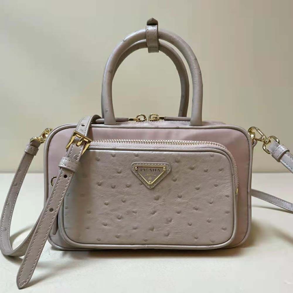TÚI Prada Women Re-Nylon and Ostrich Leather Two-handle Bag da đà điểu