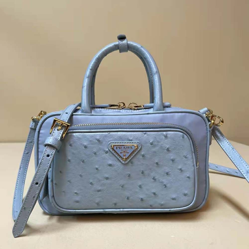 TÚI Prada Women Re-Nylon and Ostrich Leather Two-handle Bag da đà điểu