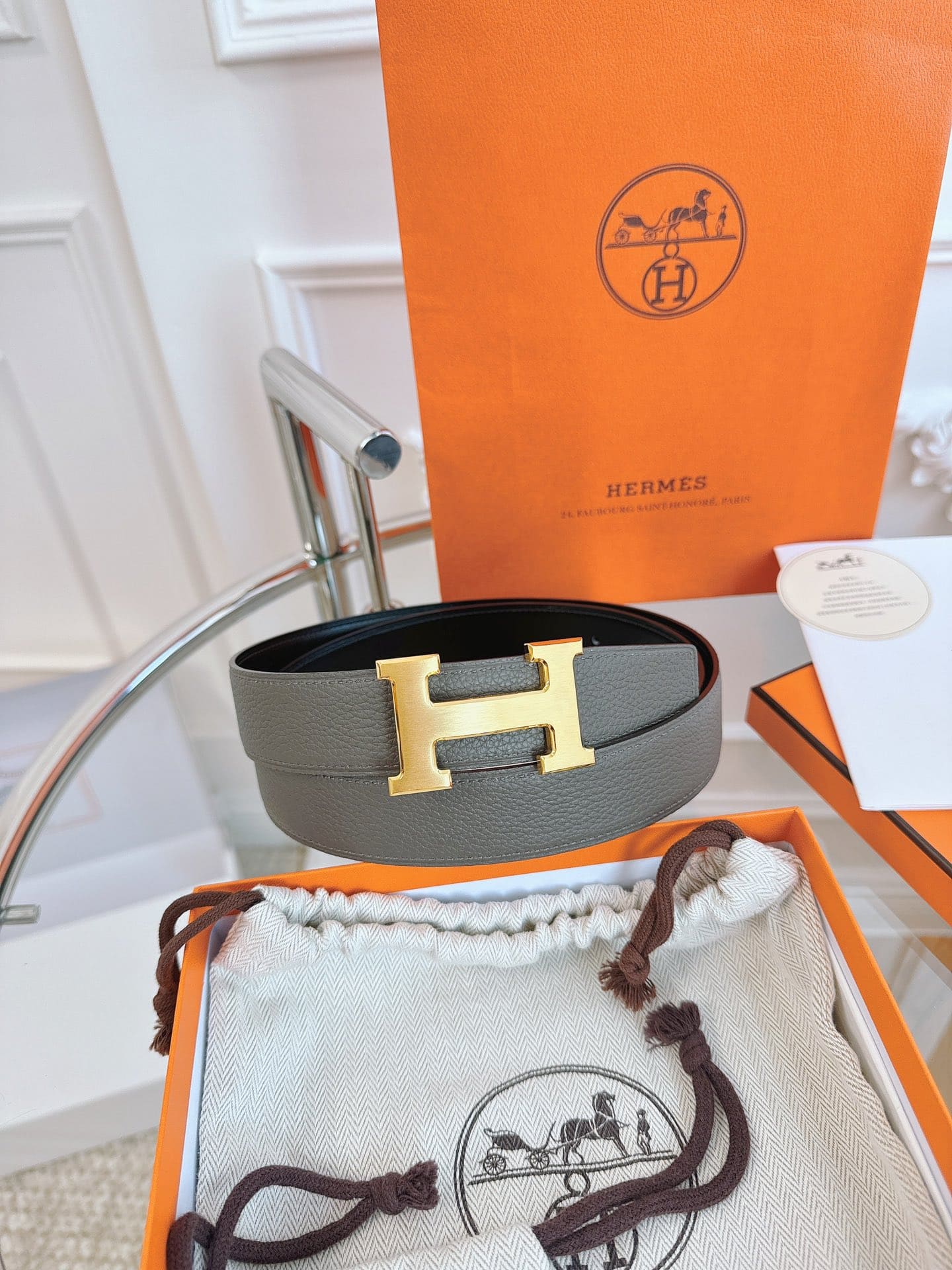 DÂY LƯNG HERMES H GRAY Togo leather hai mặt khóa vàng