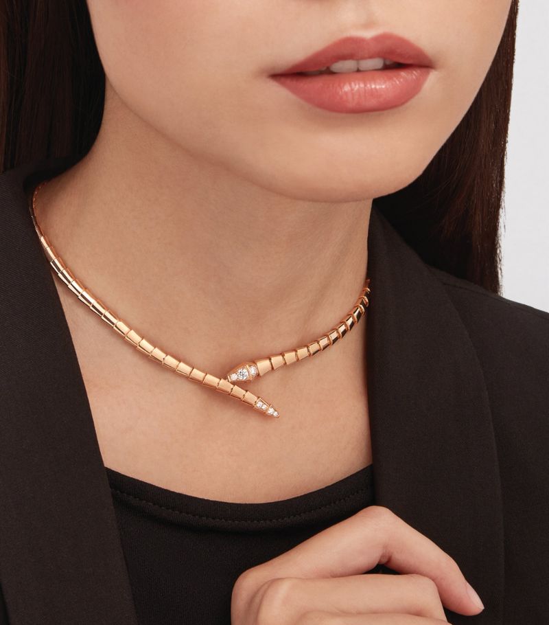 Vòng cổ BVLGARI Rose Gold and Diamond Serpenti Viper Necklace vàng hồng 18K