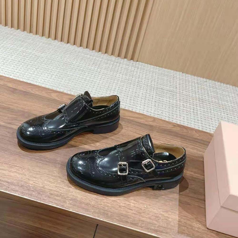 GIÀY Miu Miu Women Church’s X Miu Miu Brushed Leather Double Monk Brogue Shoes