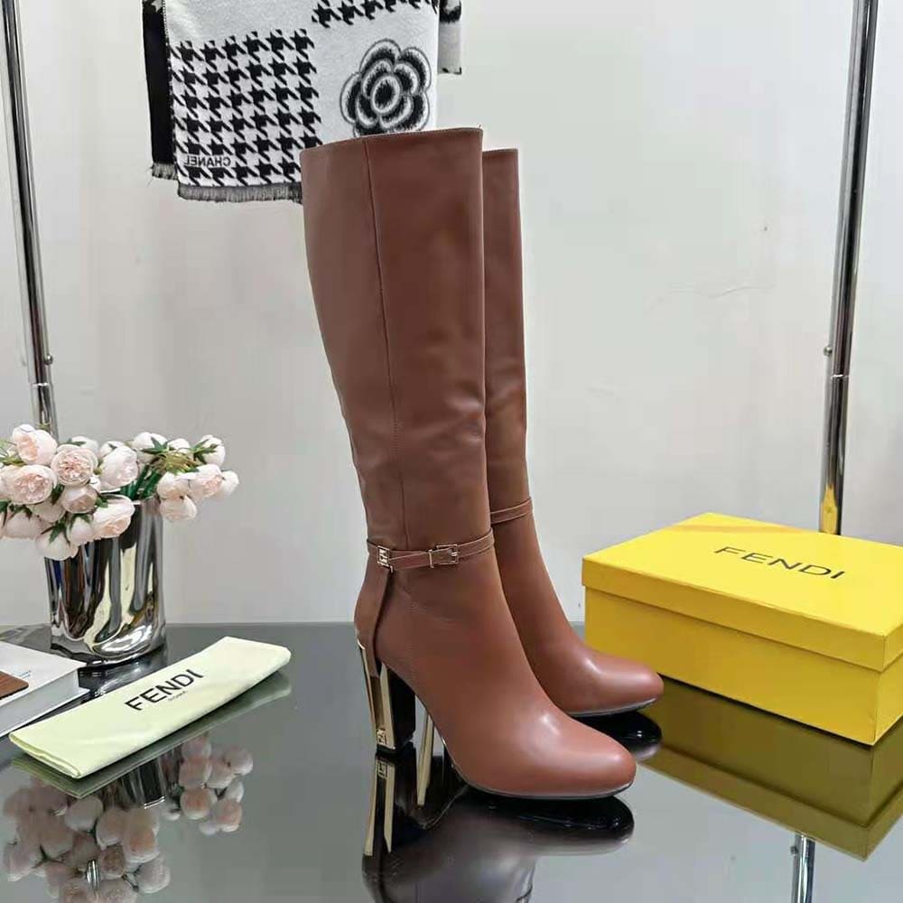 GIÀY Fendi Women Delfina Leather High-heeled Boots-Brown