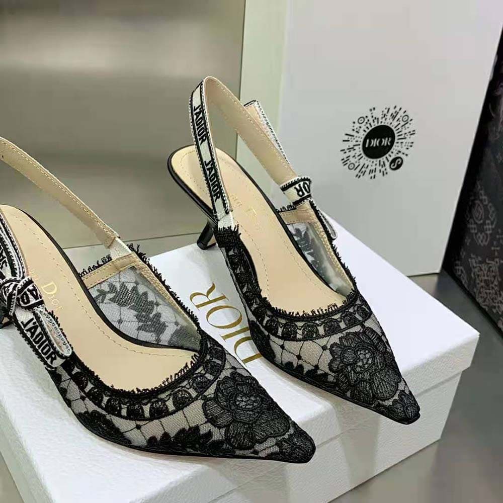 GIÀY Dior Women J’Adior Slingback Pump Black Transparent Mesh Embroidered with Dior Roses Motif