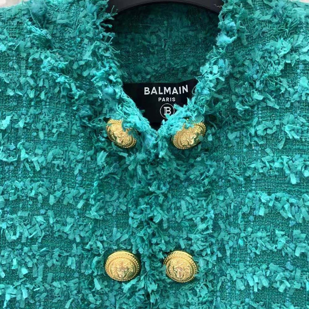 ÁO Balmain Women Fringed Tweed Jacket-Green