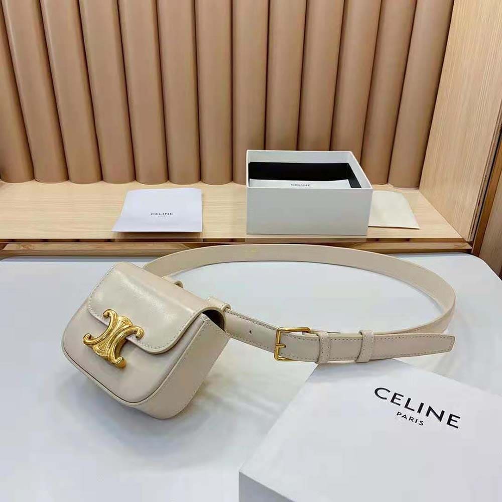 DÂY LƯNG Celine Women Belt Bag Triomphe Belt in Shiny Calfskin-White