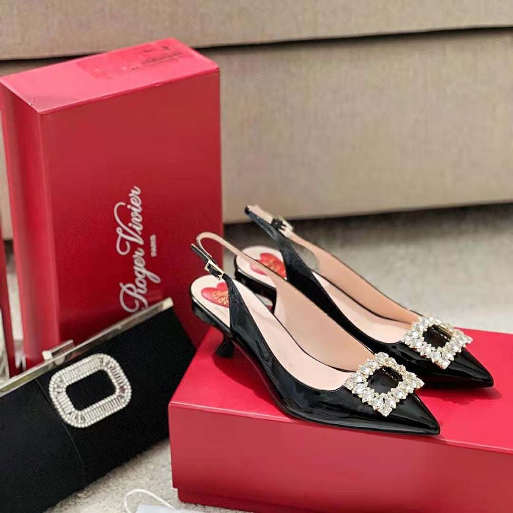 GIÀY Roger Vivier Women Virgule Strass Buckle Slingback Pumps in Patent Leather-Black