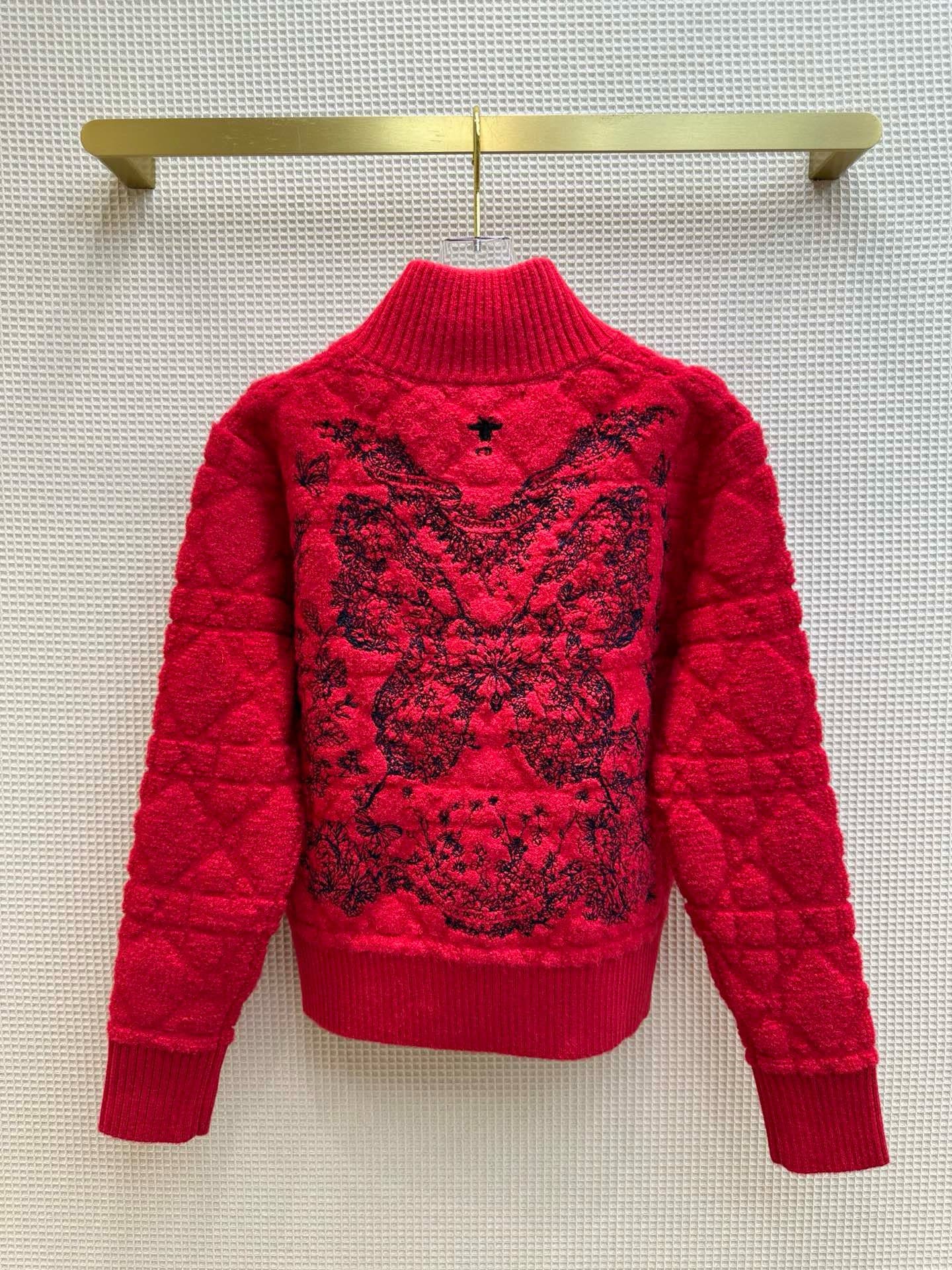 ÁO DIOR Zipped Butterfly Sewing Red Sweater