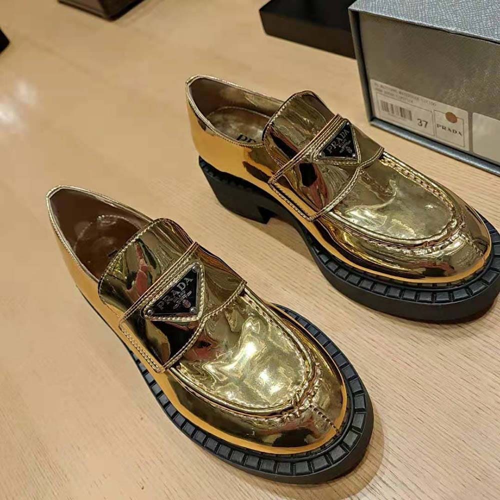 GIÀY Prada Women Metallic Leather Loafers-Gold