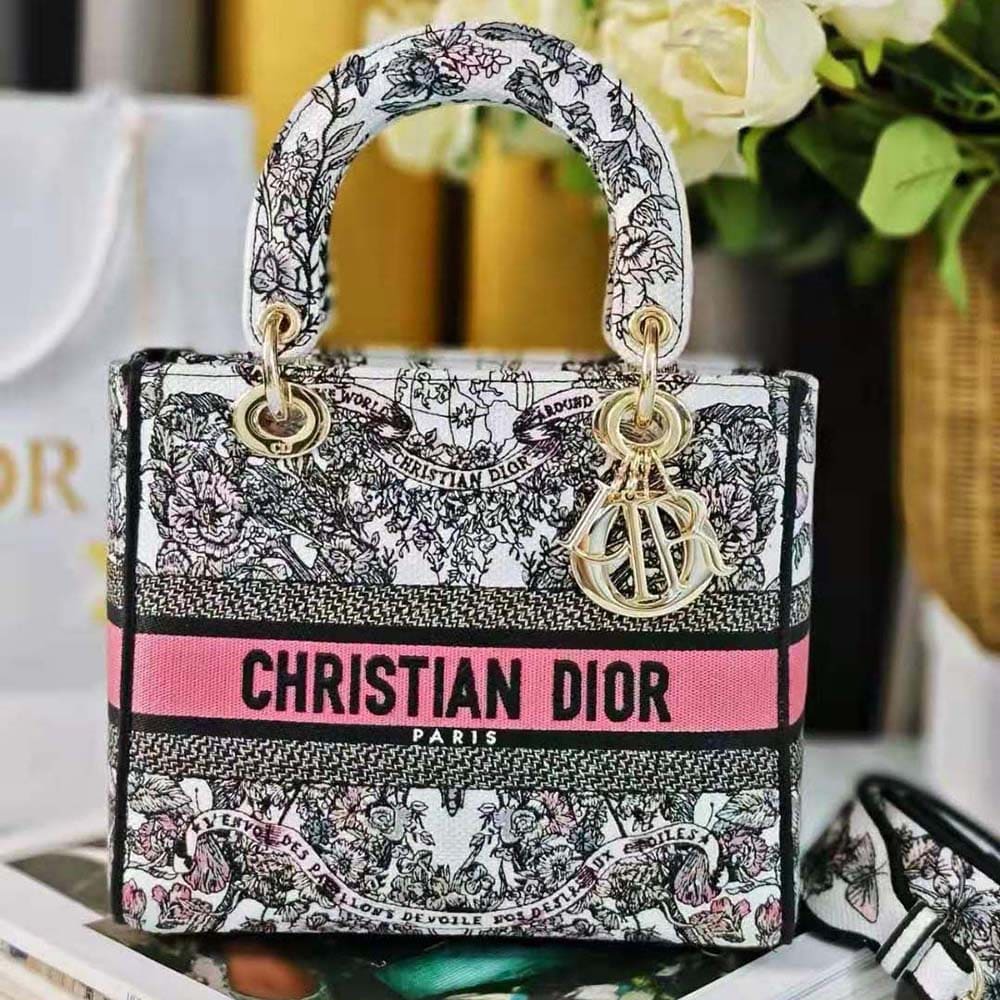 TÚI Dior Women Medium Lady D-lite Bag White and Pastel Pink Butterfly Around The World Embroidery