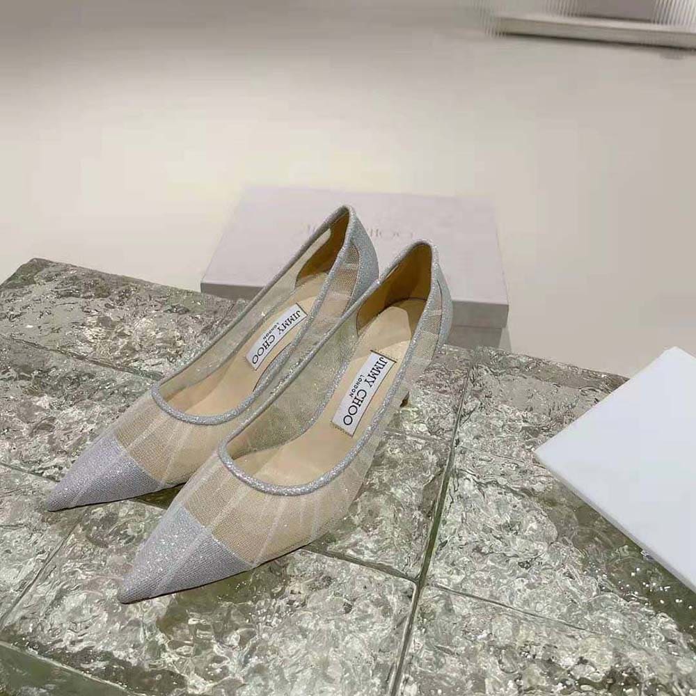 GIÀY Jimmy Choo Women Love 65 Metallic Silver Glitter Fabric Pumps with Ivory Tulle Overlay