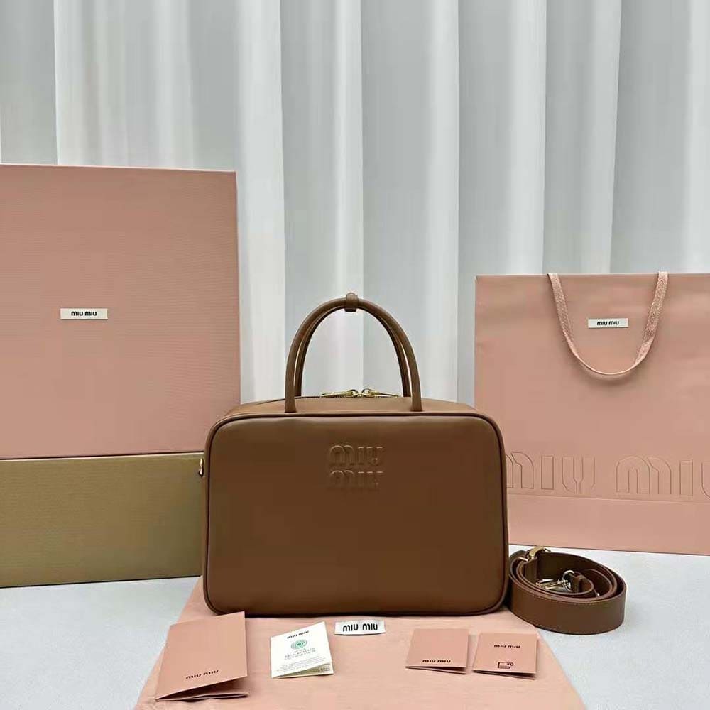 Túi Miu Miu Women Leather Top-handle Bag with Embossed Lettering Logo-Brown