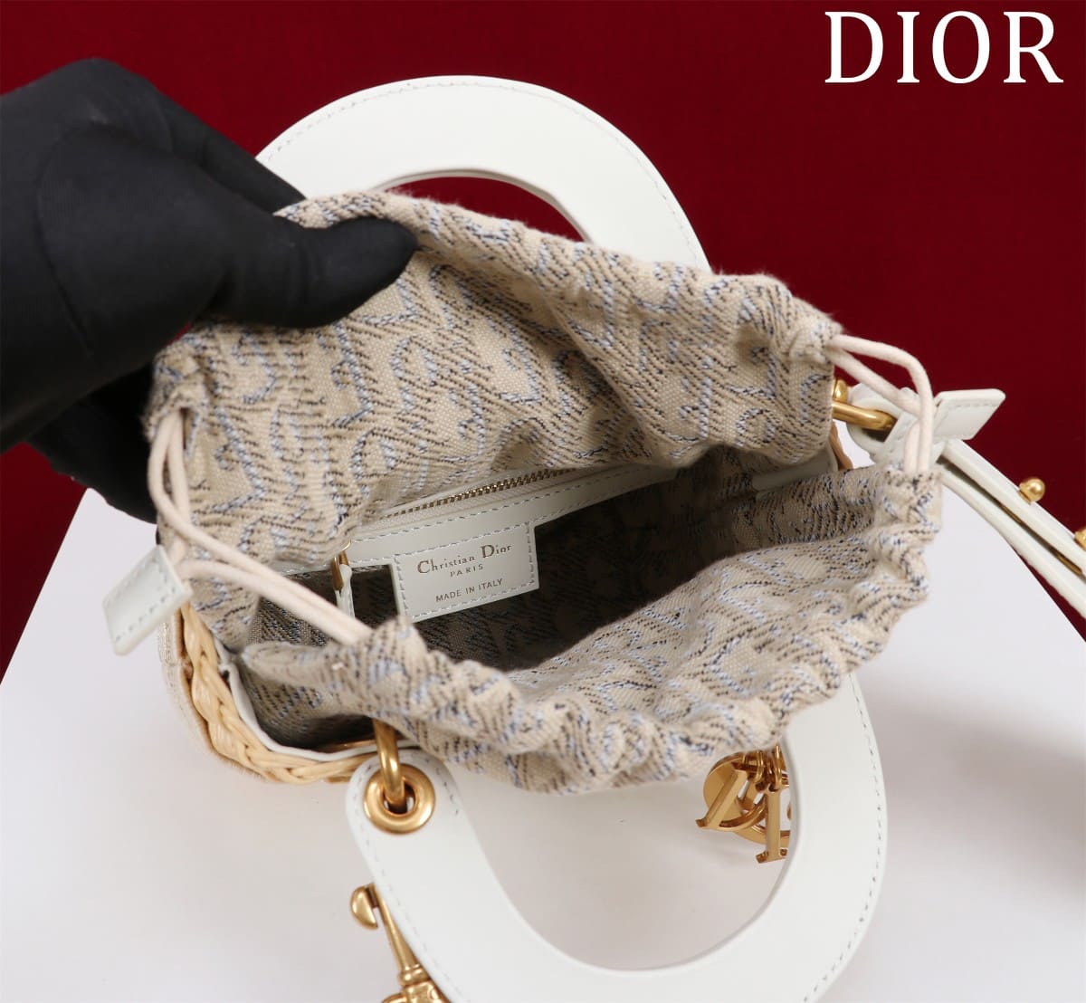 TÚI Dior Women Mini Lady Dior Bag Natural Wicker and Cream Dior Oblique Jacquard dệt tay bằng liễu gai