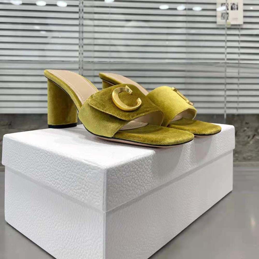 GUỐC Dior Women C’est Dior Heeled Slide Lime Yellow Velvet