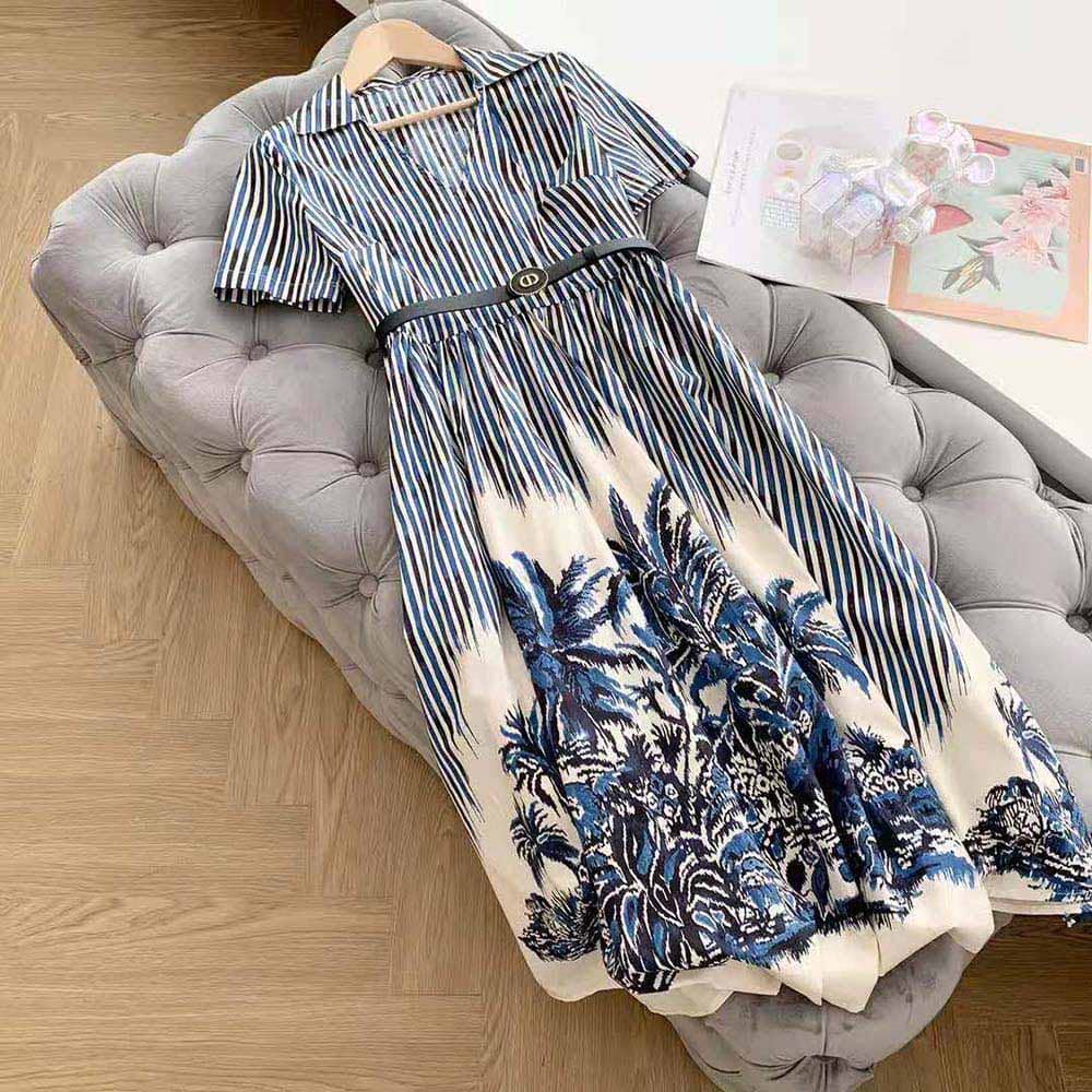 VÁY Dior Women Long Dress Blue and White Silk Canvas with Dior Palms Motif