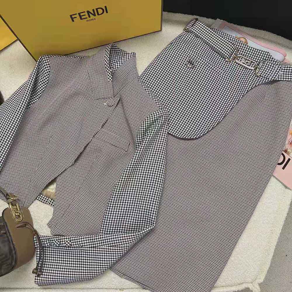 Chân Váy Fendi Women Beige Houndstooth Wool Skirt