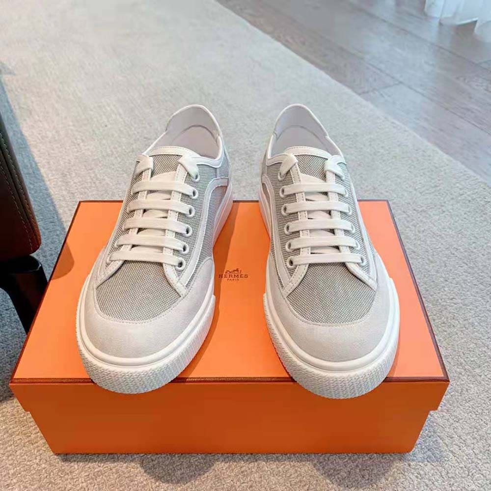 GIÀY Hermes Unisex Get Sneaker in SH Canvas and Calfskin with Signature “Hermès Paris” Stencil-Silver