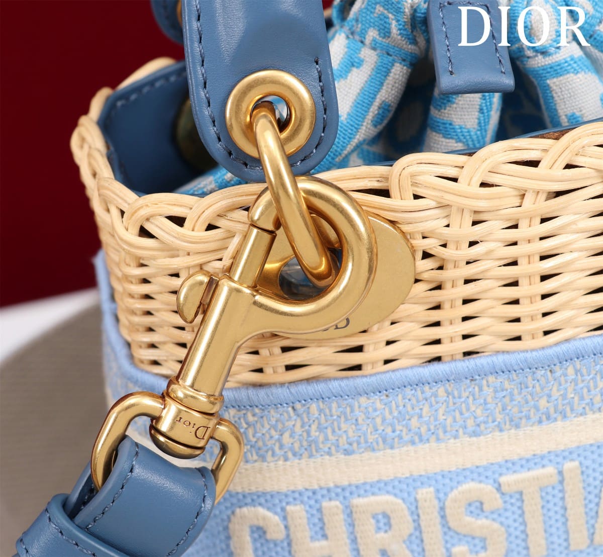 TÚI Dior Women Mini Lady Dior Bag Natural Wicker and Light Blue Dior Oblique Jacquard dệt tay bằng liễu gai