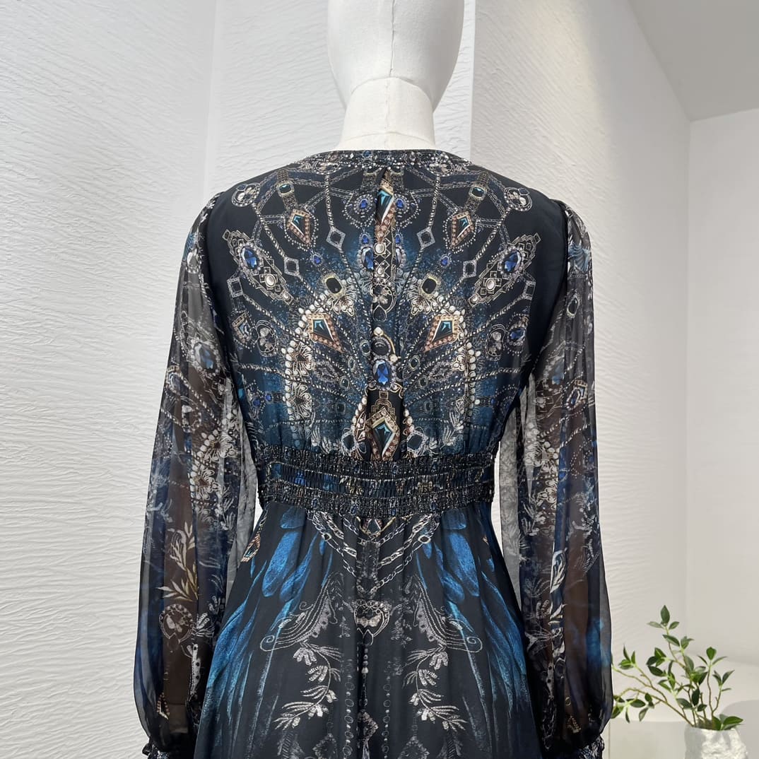 VÁY CAMILLA WorldCloset Diamonds Pressed Long Sleeve Blue Midi Dress High Classy