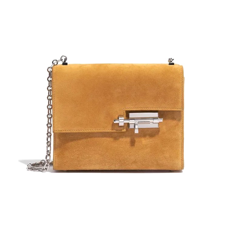 TÚI Hermès Verrou Chaîne Mini Doblis Suede Safran Silver Buckle khóa trắng