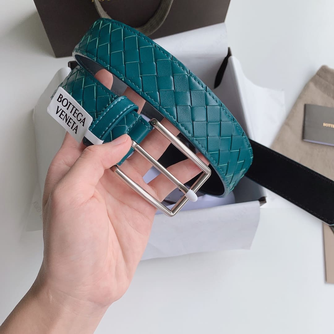 DÂY LƯNG BOTTGA VENETA GREEN INTRECCIATO LEATHER Khóa bạc