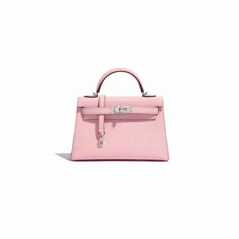 TÚI Hermès Kelly Mini Chèvre Mysore Rose Sakura Silver Buckle khóa trắng