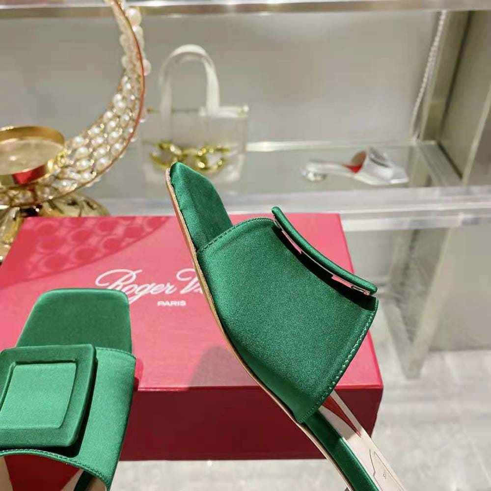 DÉP Roger Vivier Women Strass Heel Covered Buckle Mules in Satin-Green