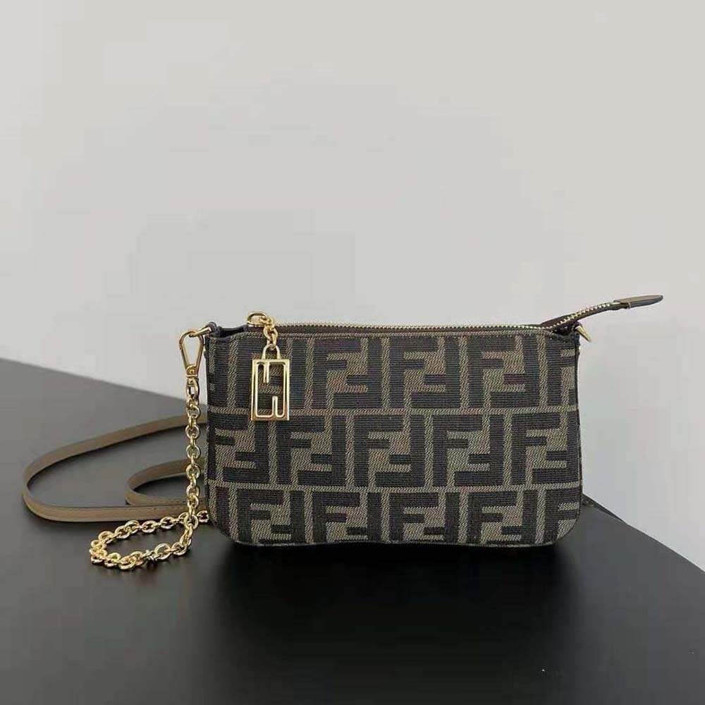 TÚI Fendi Women Baguette Pouch Brown Jacquard FF Fabric Clutch with Chain