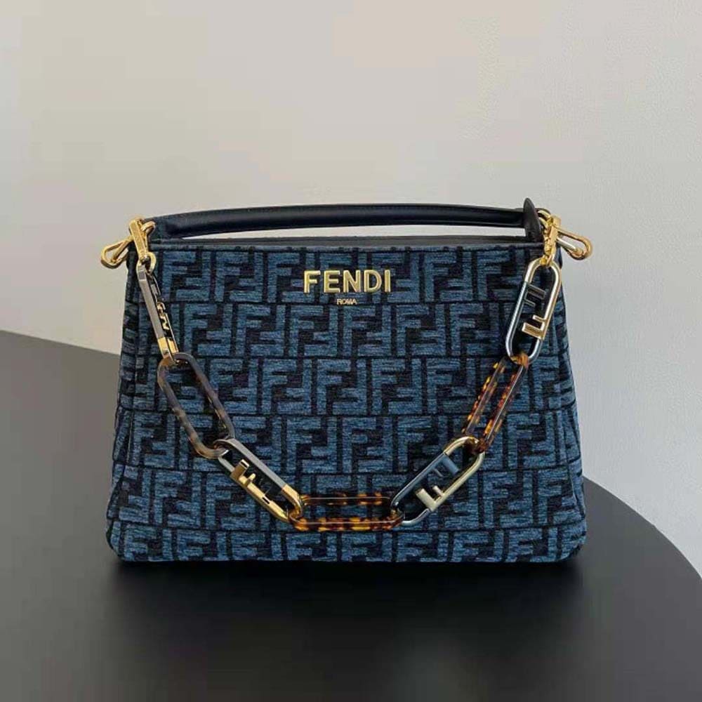 TÚI FENDI Women O’Lock Zipper Dark Blue Tapestry Fabric Bag