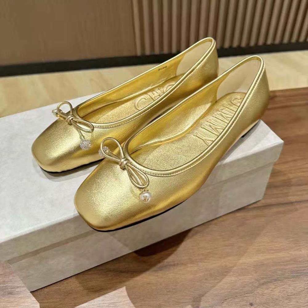 GIÀY Jimmy Choo Women Elme Flat Gold Metallic Nappa Leather Flats with Pearl Embellishment