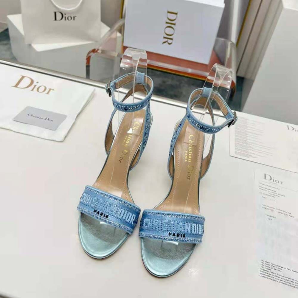 GIÀY Dior Women Dway Heeled Slide Blue Cotton Embroidered with Metallic Thread and Strass
