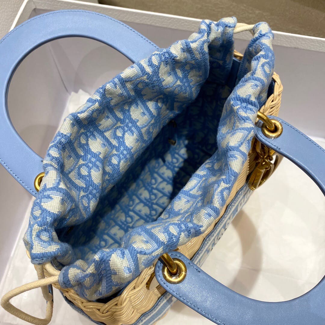 TÚI Dior Women Medium Lady Dior Bag Natural Wicker and Blue Dior Oblique Jacquard