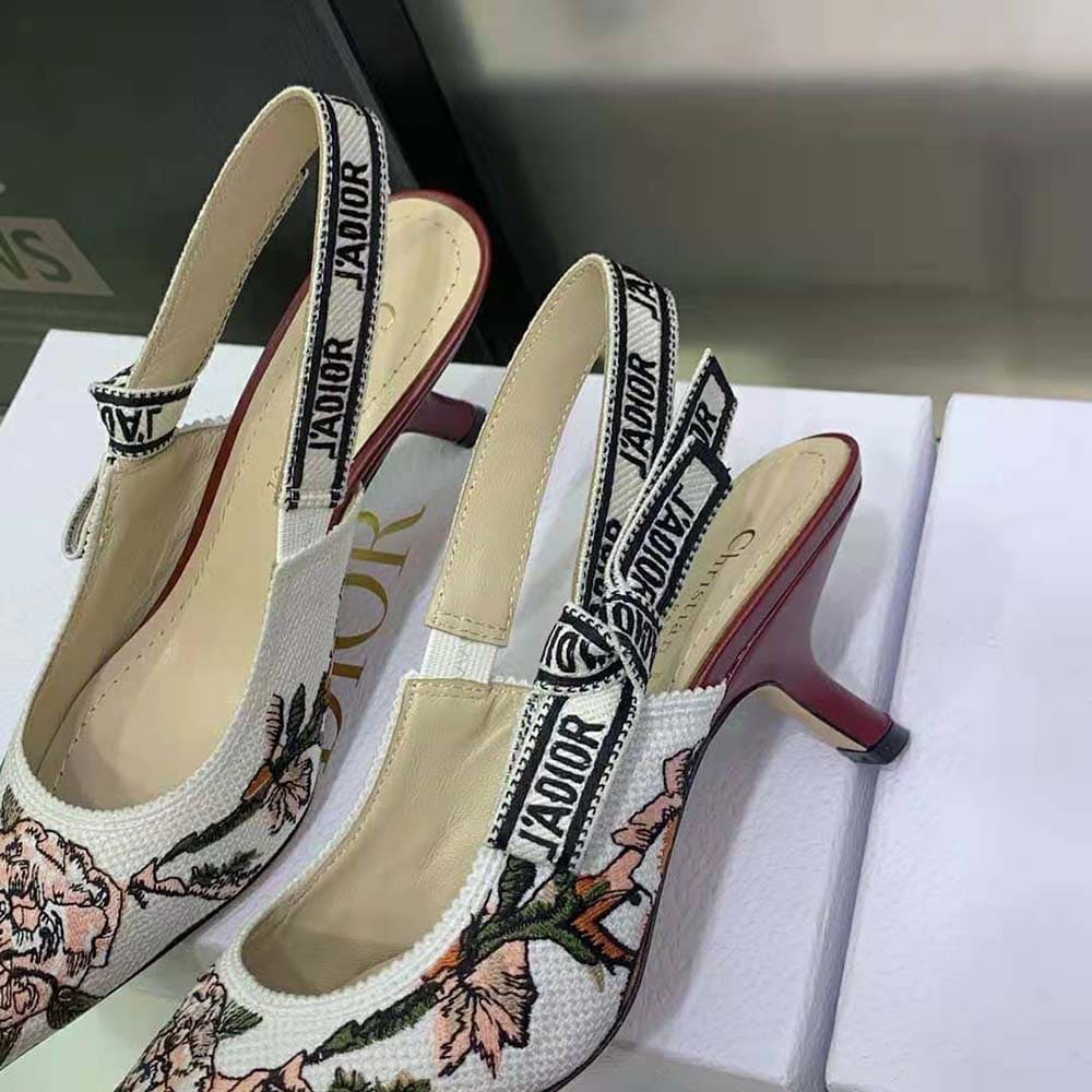 GIÀY Dior Women J’Adior Slingback Pump White Multicolor Embroidered Cotton with Dior Jardin Botanique Motif