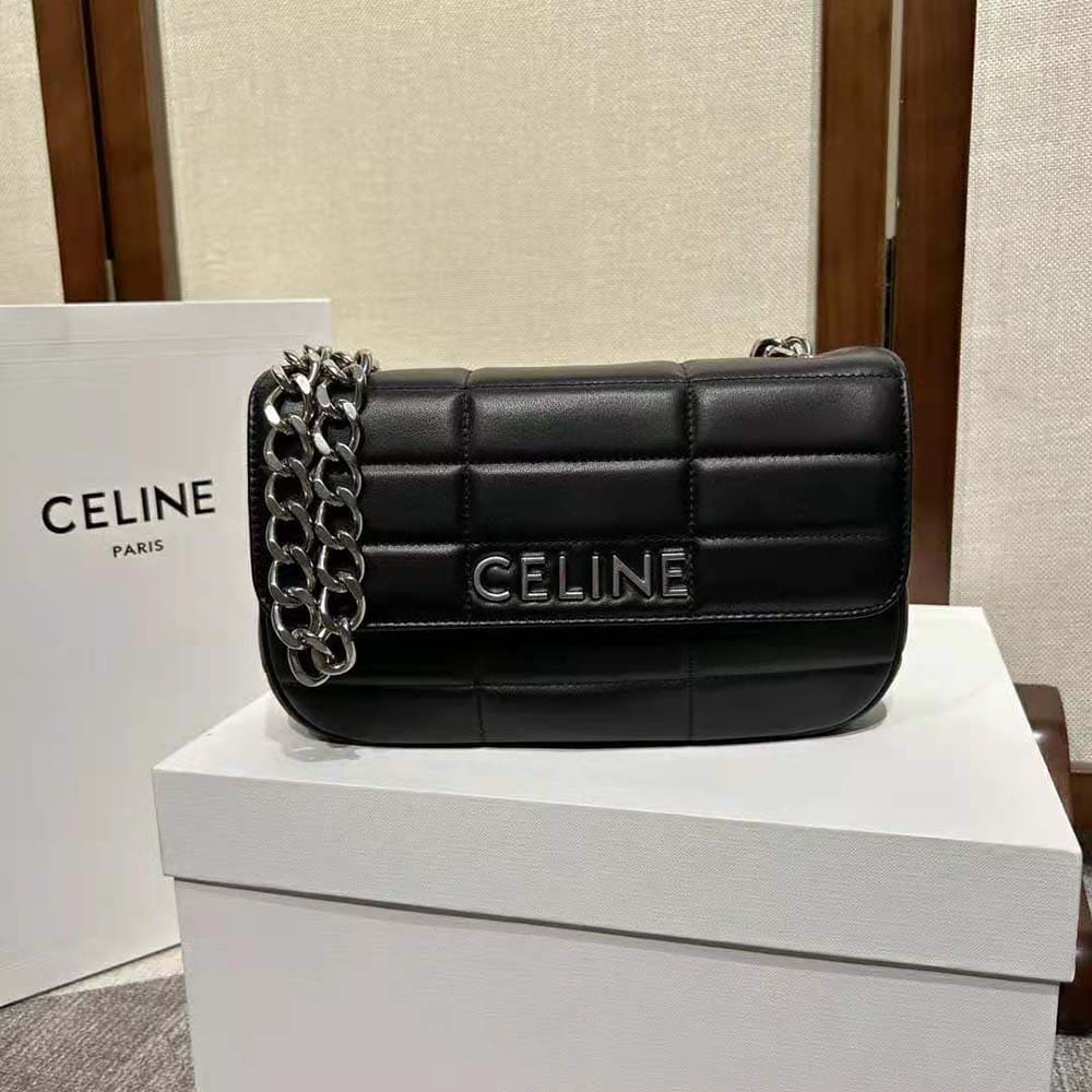 TÚI Celine Women Chain Shoulder Bag Matelasse in Quilted Goatskin-Silver-Brown DA DÊ