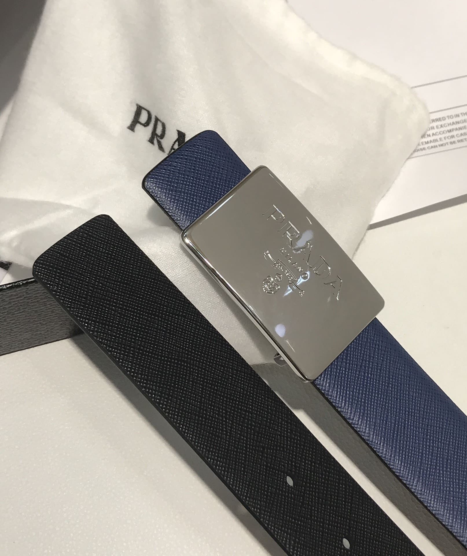 DÂY LƯNG PRADA BLUE SAFFIANO LEATHER Khóa bạc
